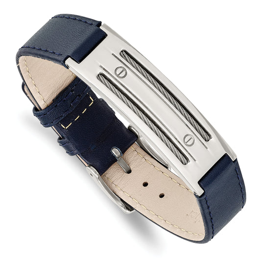 8.25 Inch Stainless Steel Polished Blue Leather W/Wire Adjustable Buckle Bracelet