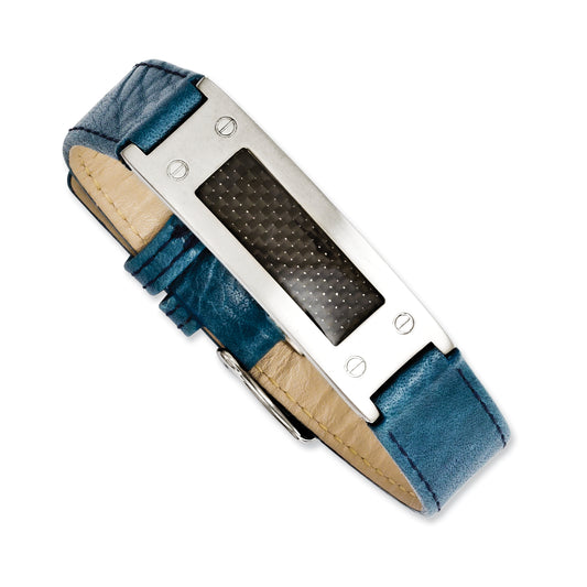 8 Inch Stainless Steel Textured Blue Leather W/Carbon Fiber Inlay Buckle Bracelet