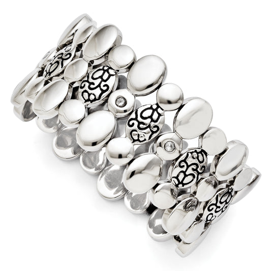 Stainless Steel Cz Antiqued Stretch Bracelet