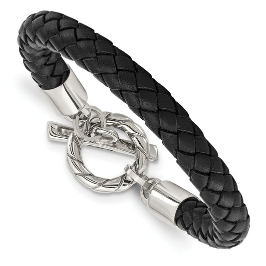 Stainless Steel Chisel Polished Black Braided Leather Toggle 8.5 Inch Bracelet