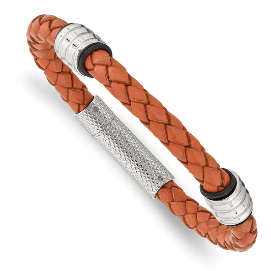 Stainless Steel Chisel Polished Orange Braided Leather And Black Rubber 8.25 Inch Bracelet