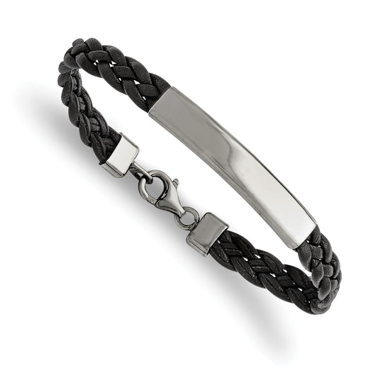 Stainless Steel Chisel Polished Braided Black Leather 7.25 Inch Id Bracelet