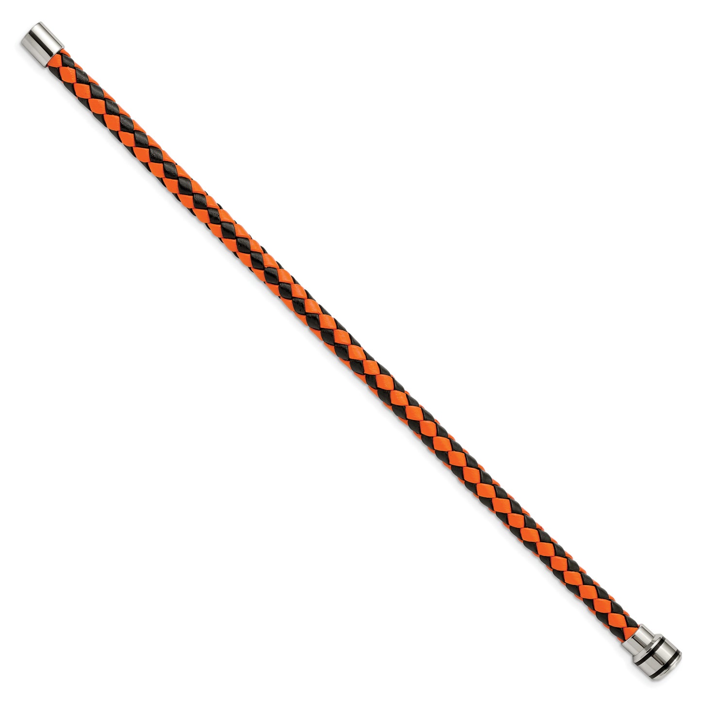 Stainless Steel Chisel Polished Black Ip-Plated And Orange Braided Leather 9 Inch Bracelet