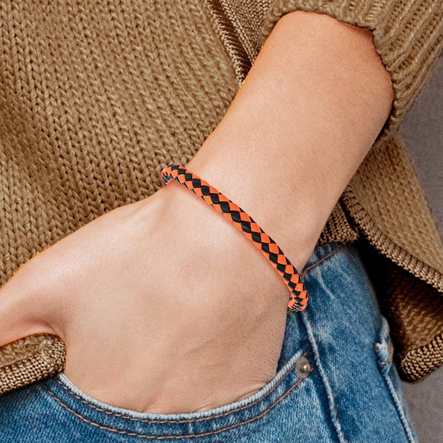 Stainless Steel Chisel Polished Black Ip-Plated And Orange Braided Leather 9 Inch Bracelet