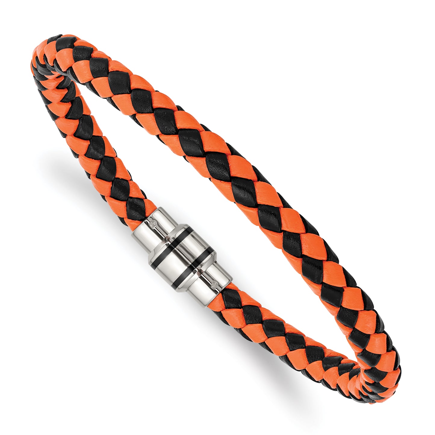 Stainless Steel Chisel Polished Black Ip-Plated And Orange Braided Leather 9 Inch Bracelet