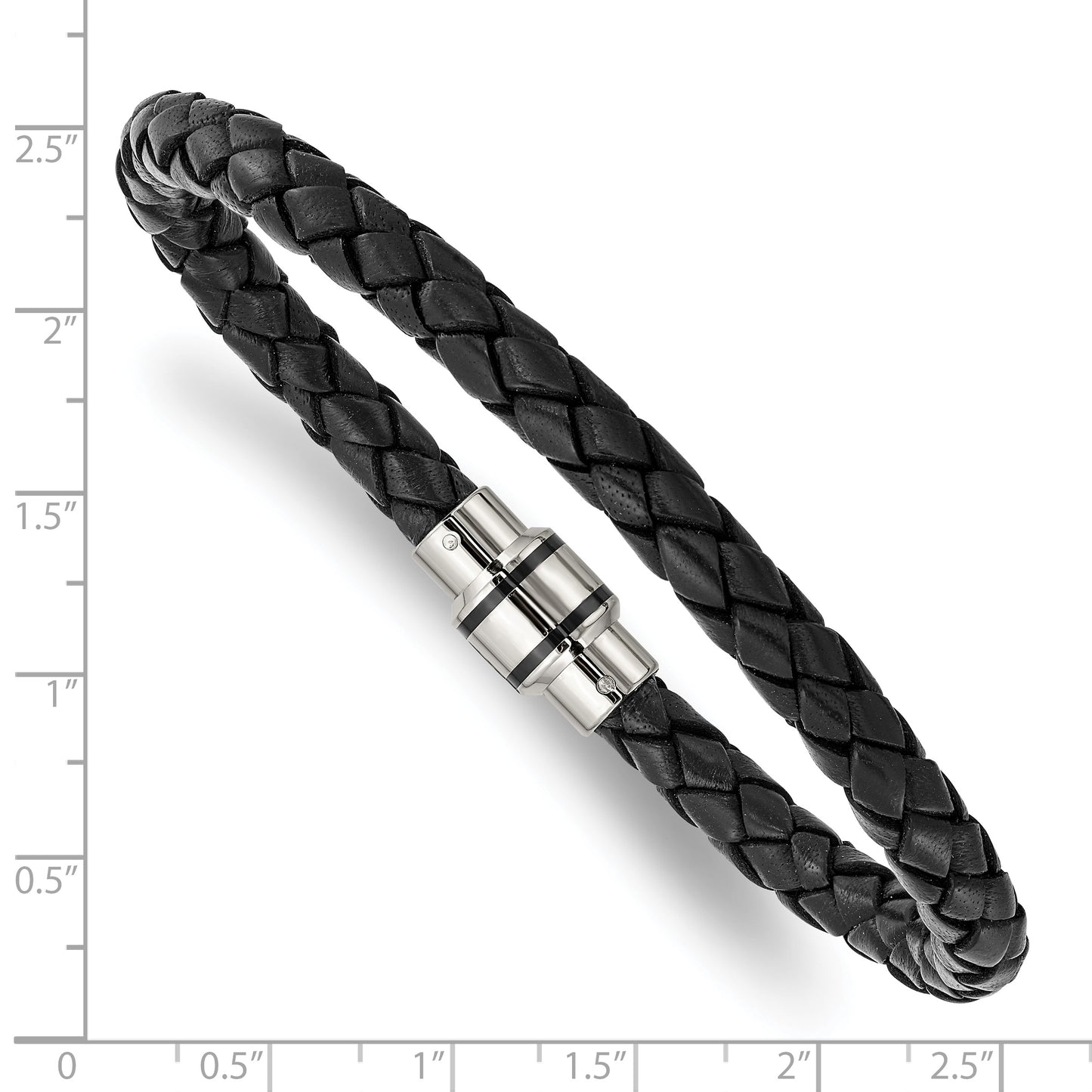 Stainless Steel Chisel Polished Black Ip-Plated Braided Leather 9 Inch Bracelet