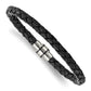 Stainless Steel Chisel Polished Black Ip-Plated Braided Leather 9 Inch Bracelet