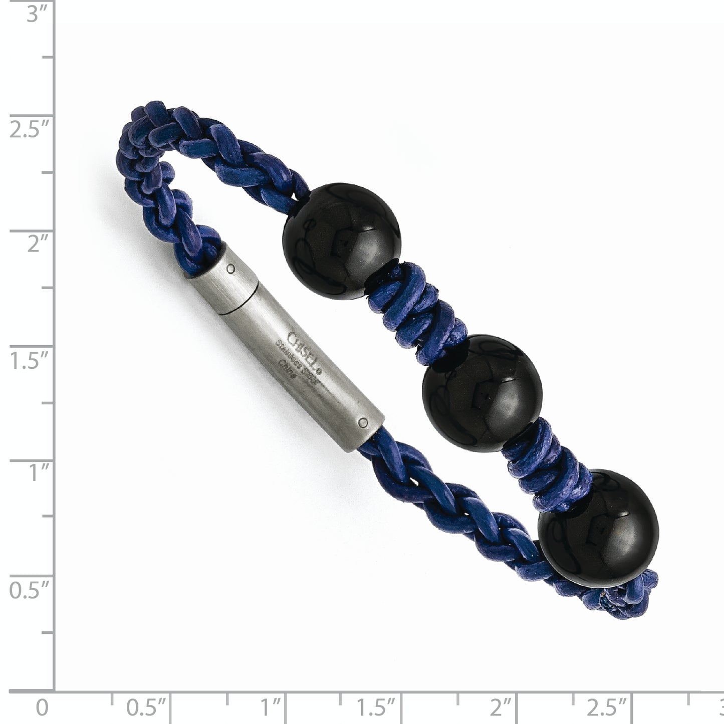 7.5 Inch Stainless Steel Black Agate Bead And Blue Braided Leather Bracelet