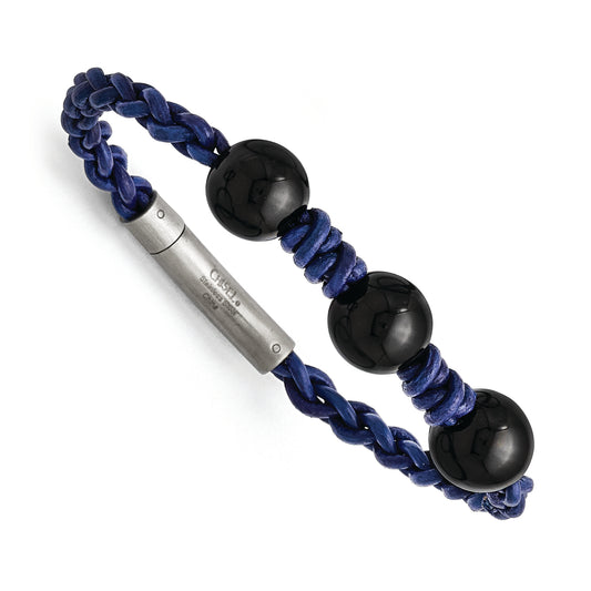 7.5 Inch Stainless Steel Black Agate Bead And Blue Braided Leather Bracelet