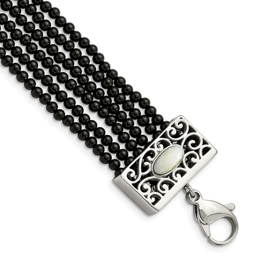 7.5 Inch Stainless Steel Polished Mop/Black Onyx W/1.5In Ext. Bracelet