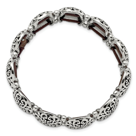 Stainless Steel Antiqued And Polished Oval Stretch Bracelet