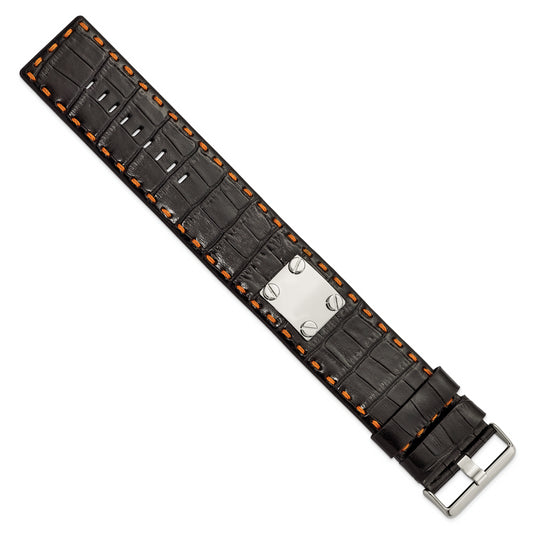 9.25 Inch Stainless Steel Black Leather Orange Stitch Buckle Id Bracelet