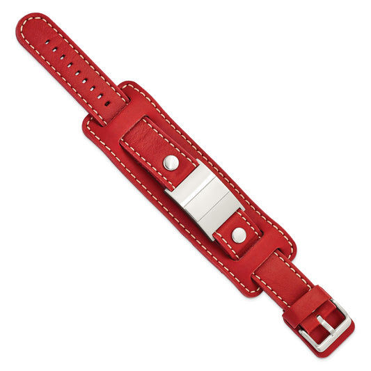 Stainless Steel Red Leather Polished/Brushed Buckle Bracelet