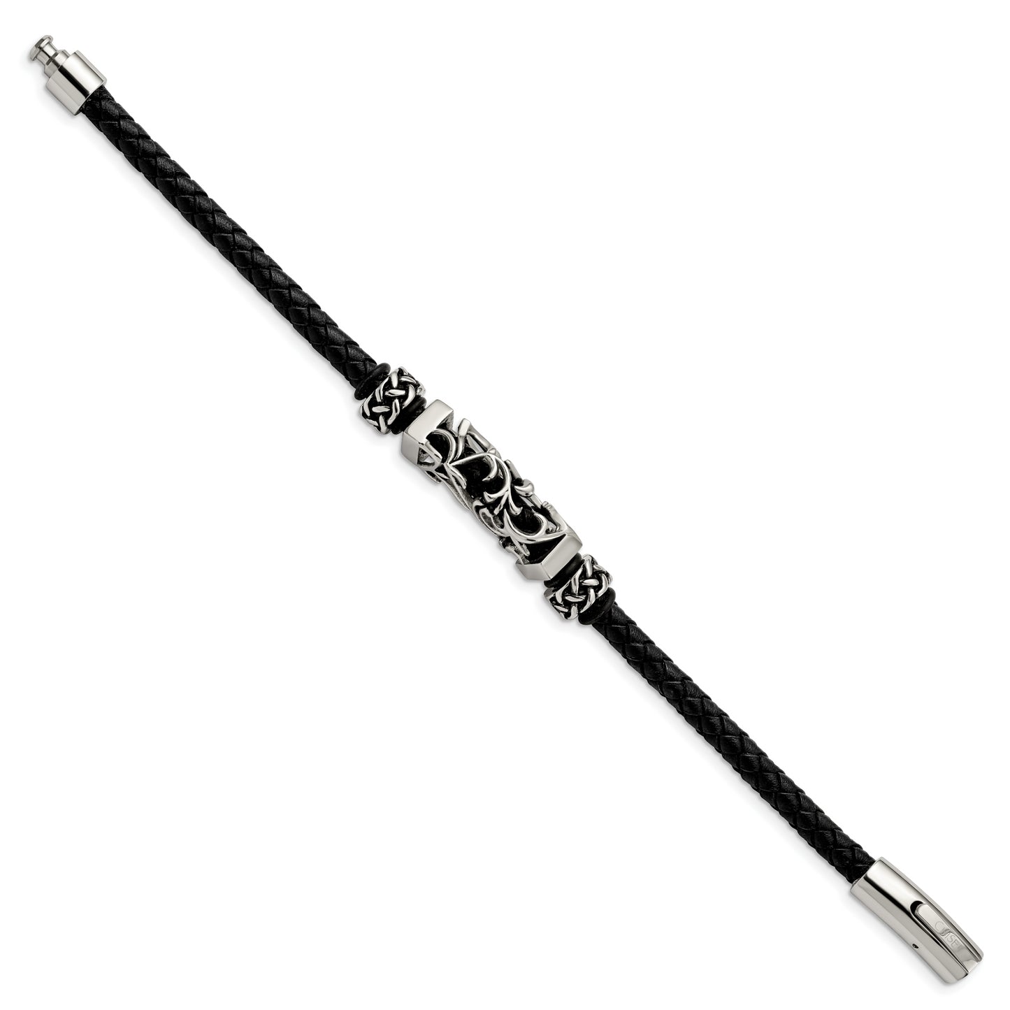 Stainless Steel Chisel Polished With Antiqued Beads Braided Black Leather 8.25 Inch Bracelet