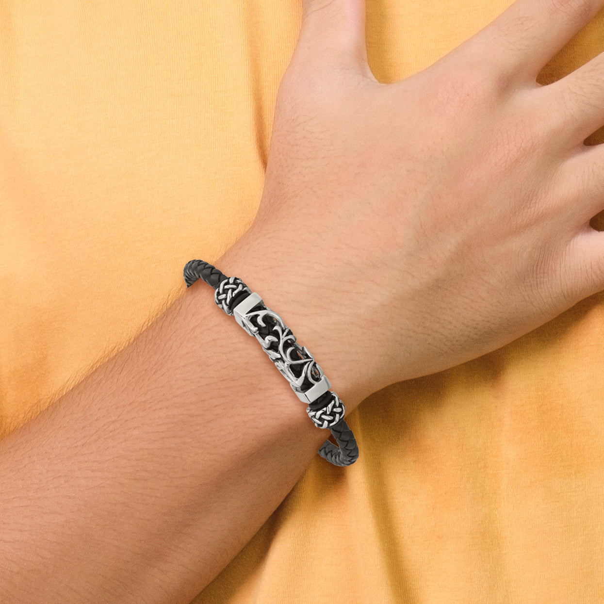 Stainless Steel Chisel Polished With Antiqued Beads Braided Black Leather 8.25 Inch Bracelet