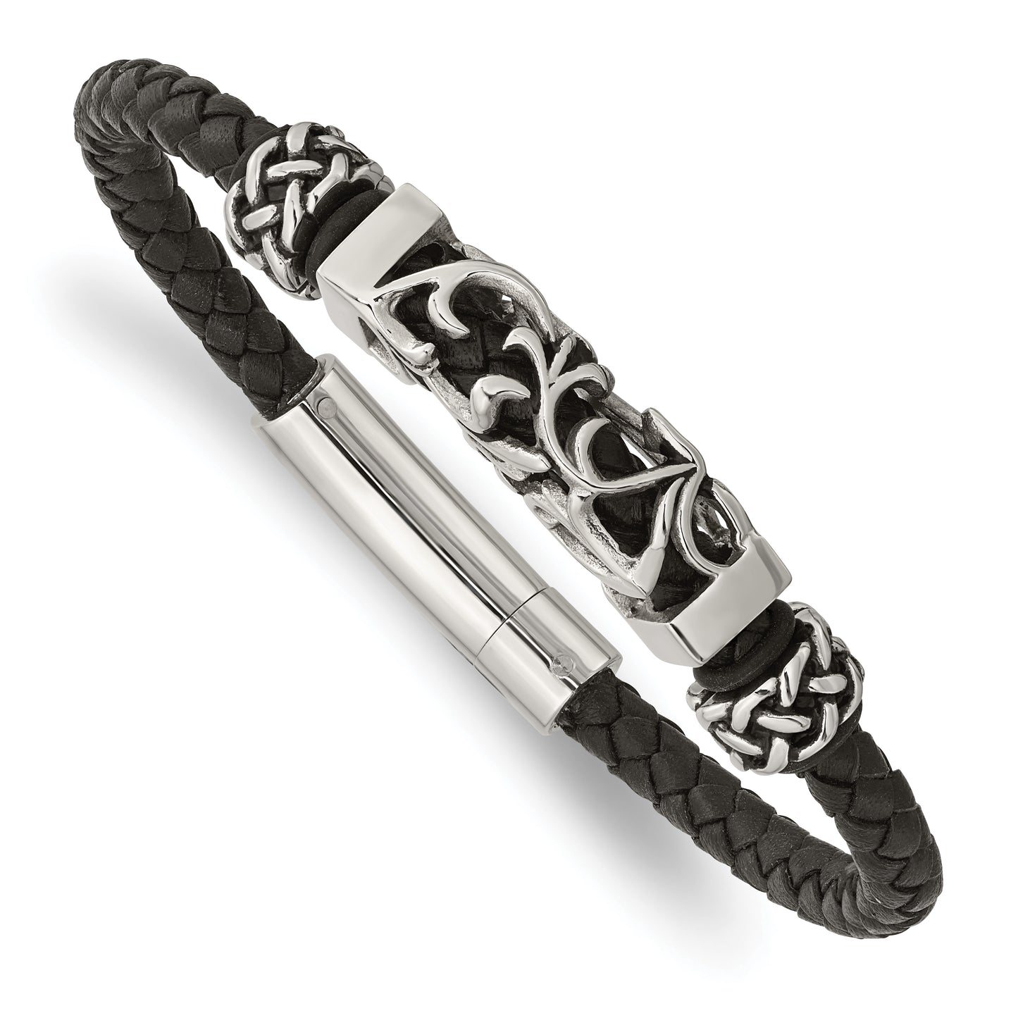 Stainless Steel Chisel Polished With Antiqued Beads Braided Black Leather 8.25 Inch Bracelet