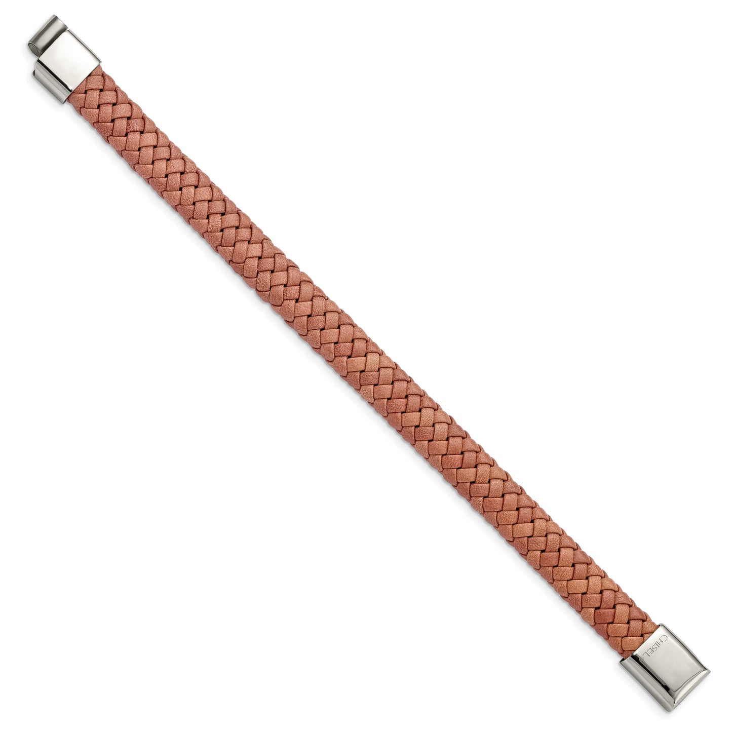 Stainless Steel Chisel Polished Light Brown Braided Leather 8.25 Inch Bracelet