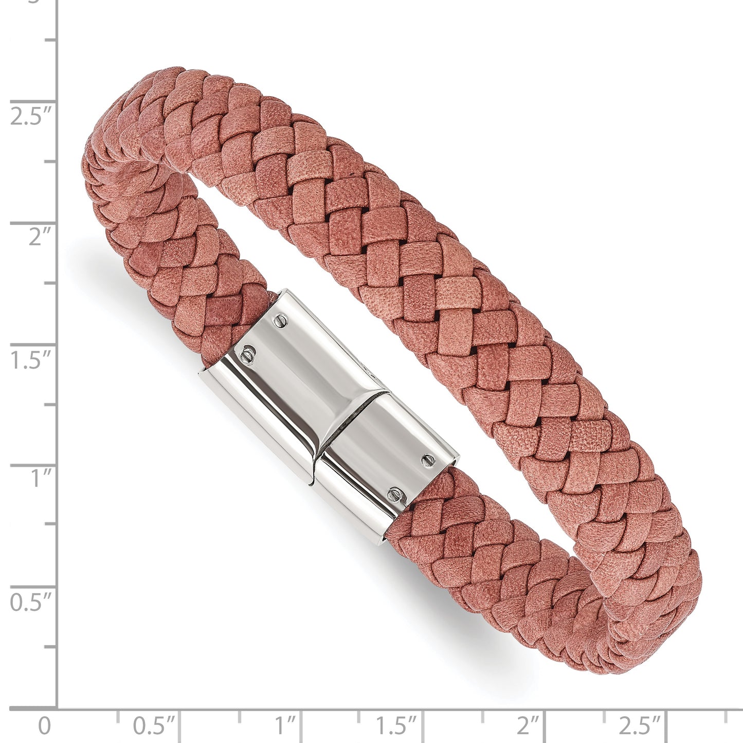 Stainless Steel Chisel Polished Light Brown Braided Leather 8.25 Inch Bracelet