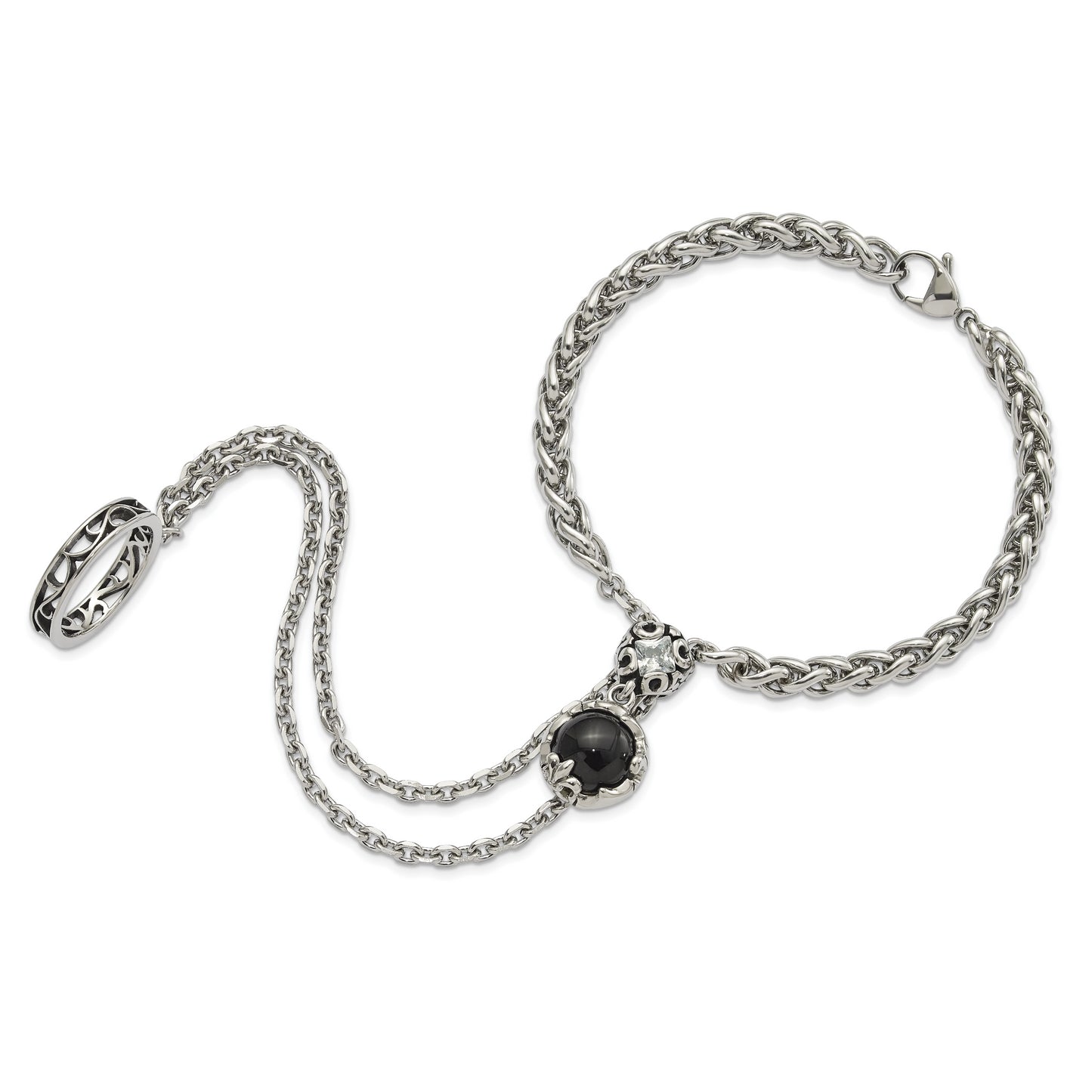 8 Inch Stainless Steel Polished & Antiqued Crystal Glass Fleur De Lis Connected Ring Bracelet