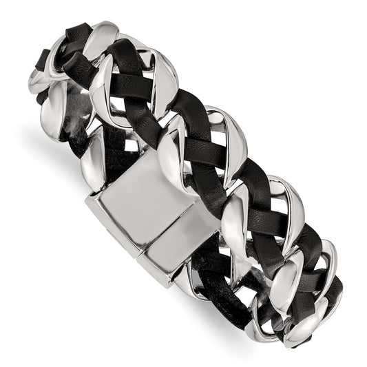 Stainless Steel Chisel Polished Black Braided Leather 8 Inch Bracelet