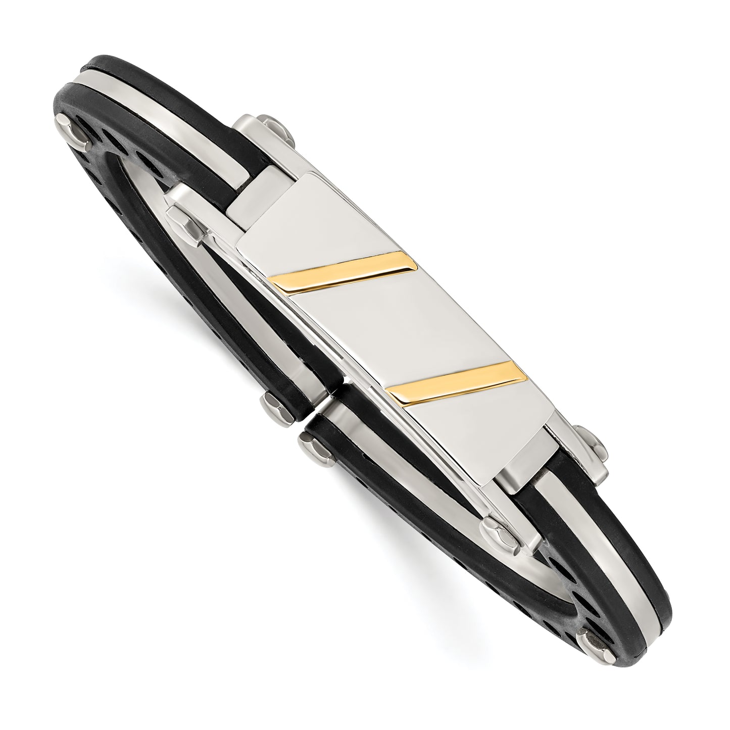 Stainless Steel Chisel Polished With Black Pvc And 14K Gold Inlay Hinged Bangle