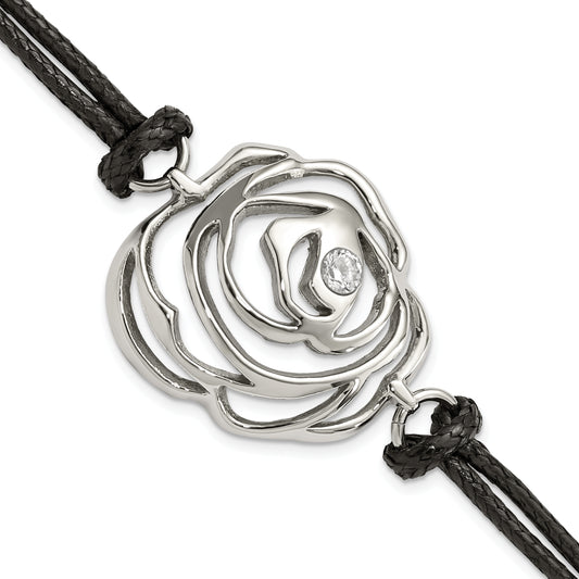 7.5 Inch Stainless Steel Cz Flower W/ Cord W/1.5In Ext Bracelet