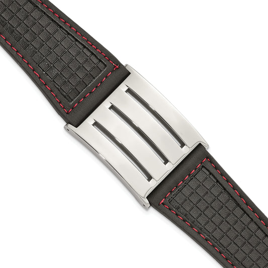 9.25 Inch Stainless Steel Black Leather W/ Red Trim Polished Buckle Bracelet