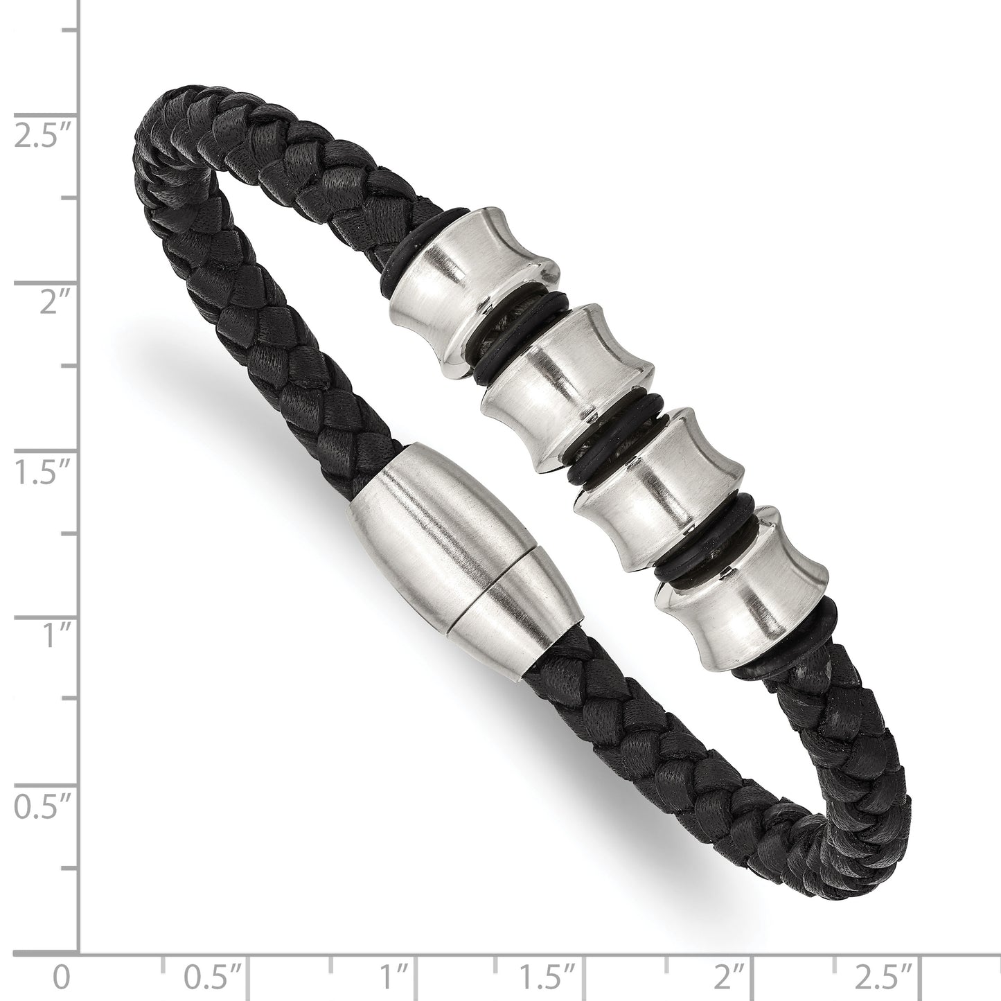 Stainless Steel Chisel Brushed Braided Black Leather 8.5 Inch Bracelet