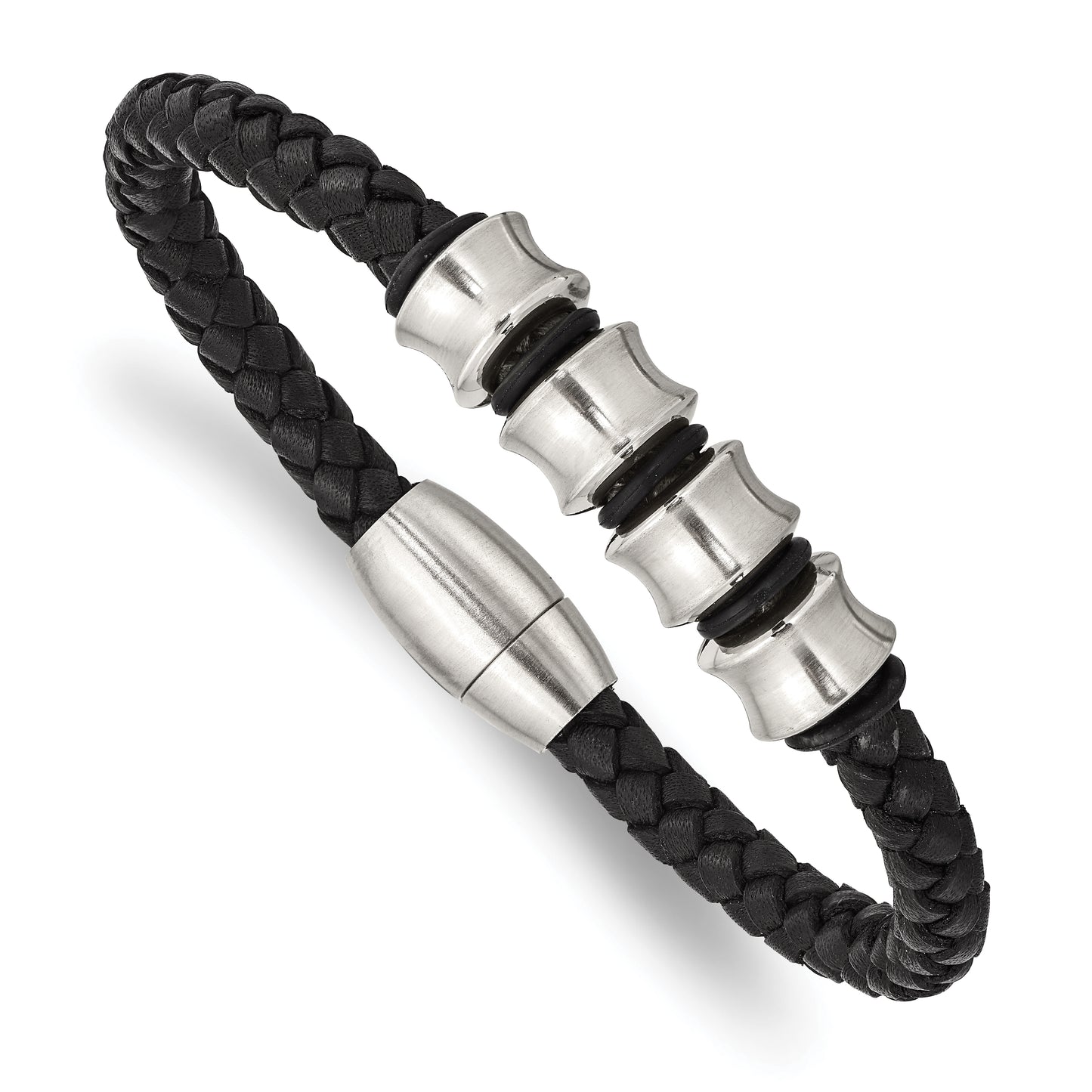 Stainless Steel Chisel Brushed Braided Black Leather 8.5 Inch Bracelet