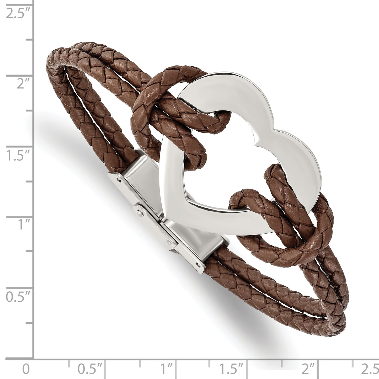 Stainless Steel Chisel Polished Heart Brown Braided Leather 7.5 Inch Bracelet