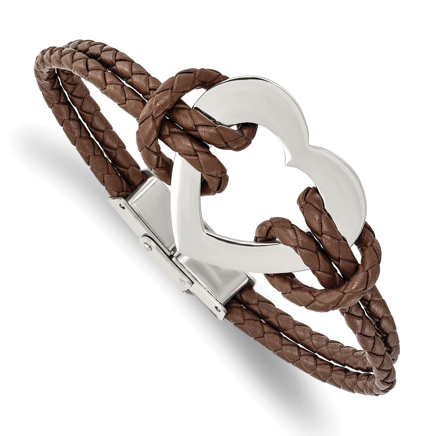 Stainless Steel Chisel Polished Heart Brown Braided Leather 7.5 Inch Bracelet