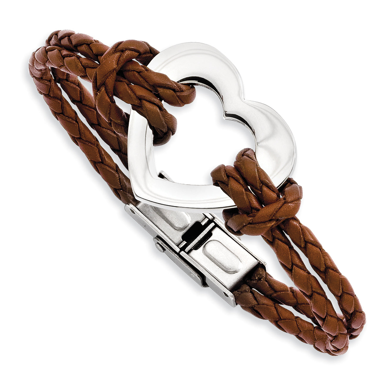 Stainless Steel Chisel Polished Heart Brown Braided Leather 7.5 Inch Bracelet