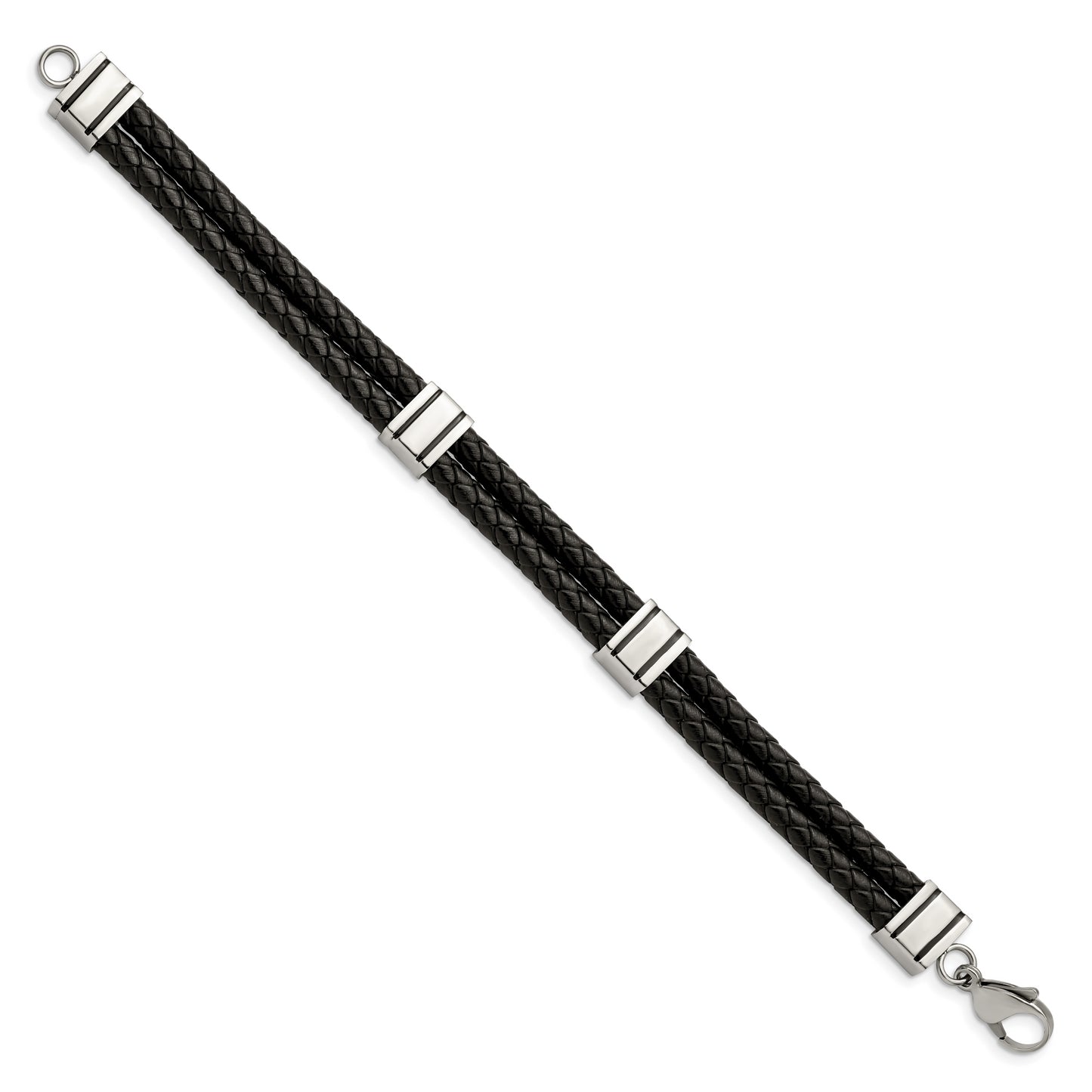 Stainless Steel Chisel Polished Braided 2 Strand Black Leather 9 Inch Bracelet