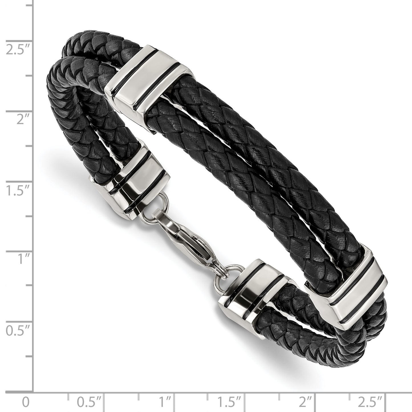 Stainless Steel Chisel Polished Braided 2 Strand Black Leather 9 Inch Bracelet