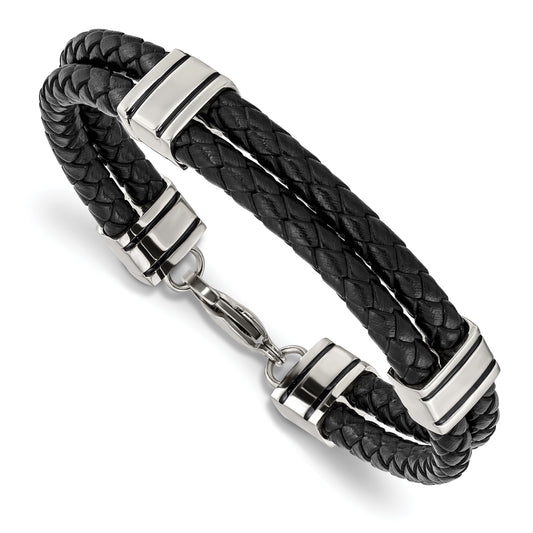 Stainless Steel Chisel Polished Braided 2 Strand Black Leather 9 Inch Bracelet