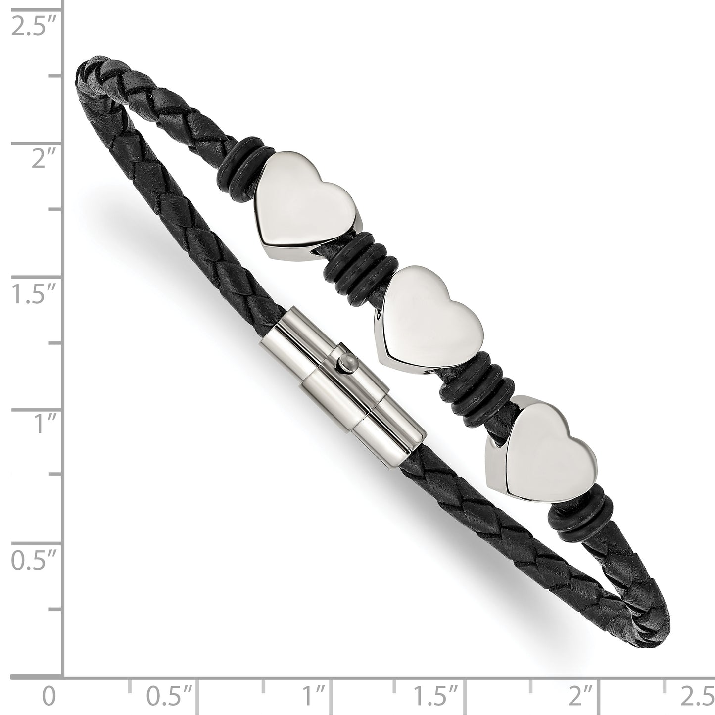 Stainless Steel Chisel Polished Hearts Black Braided Leather And Rubber 7.5 Inch Bracelet