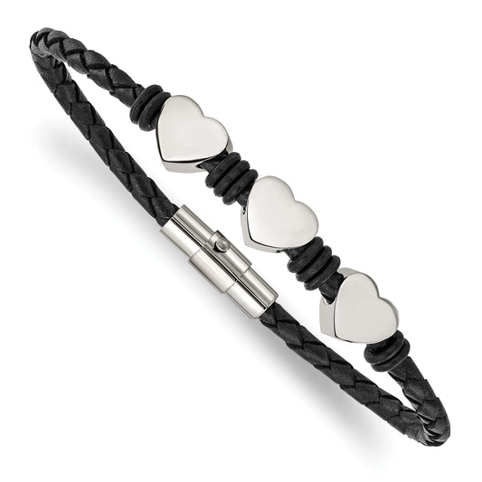 Stainless Steel Chisel Polished Hearts Black Braided Leather And Rubber 7.5 Inch Bracelet