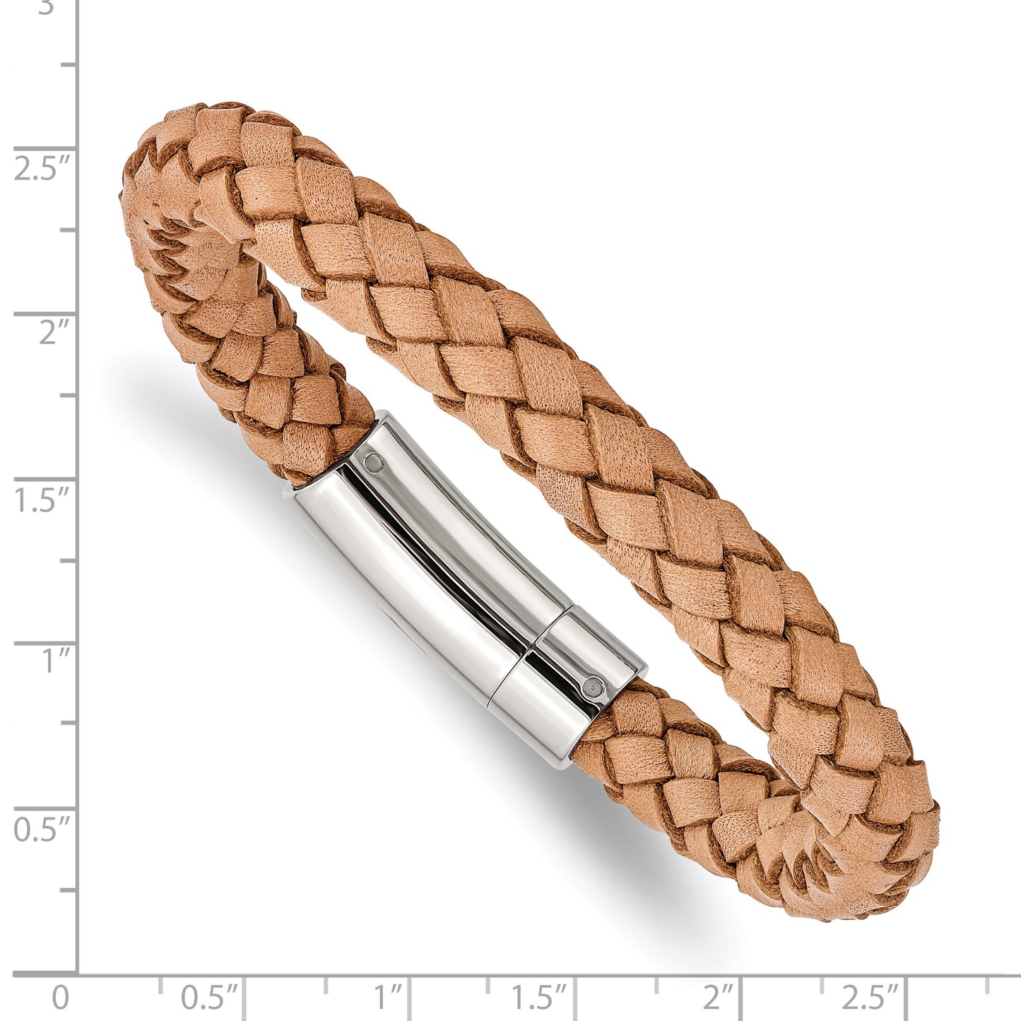 Stainless Steel Chisel Polished Light Tan Braided Leather 8.5 Inch Bracelet