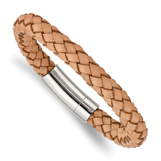 Stainless Steel Chisel Polished Light Tan Braided Leather 8.5 Inch Bracelet