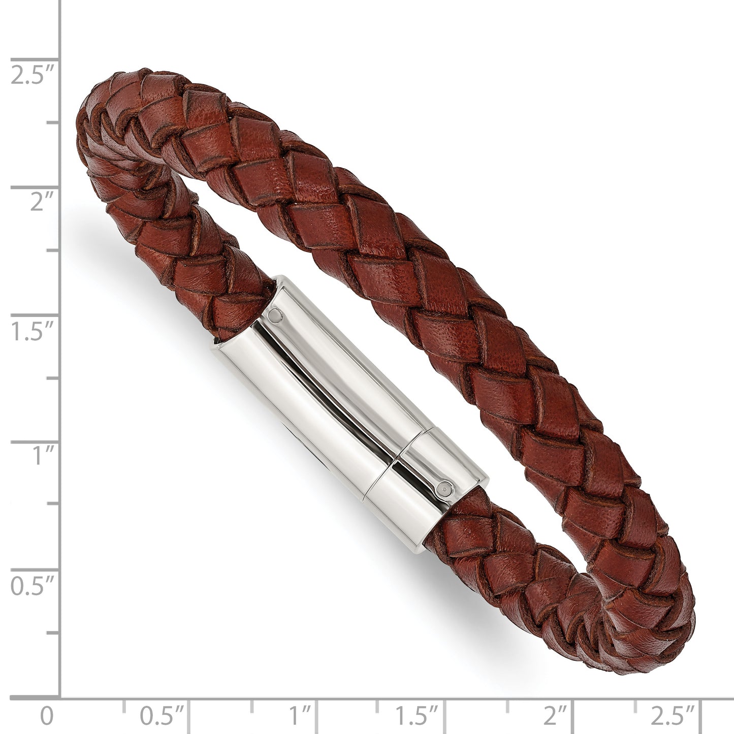 Stainless Steel Chisel Polished Brown Braided Leather 8.5 Inch Bracelet