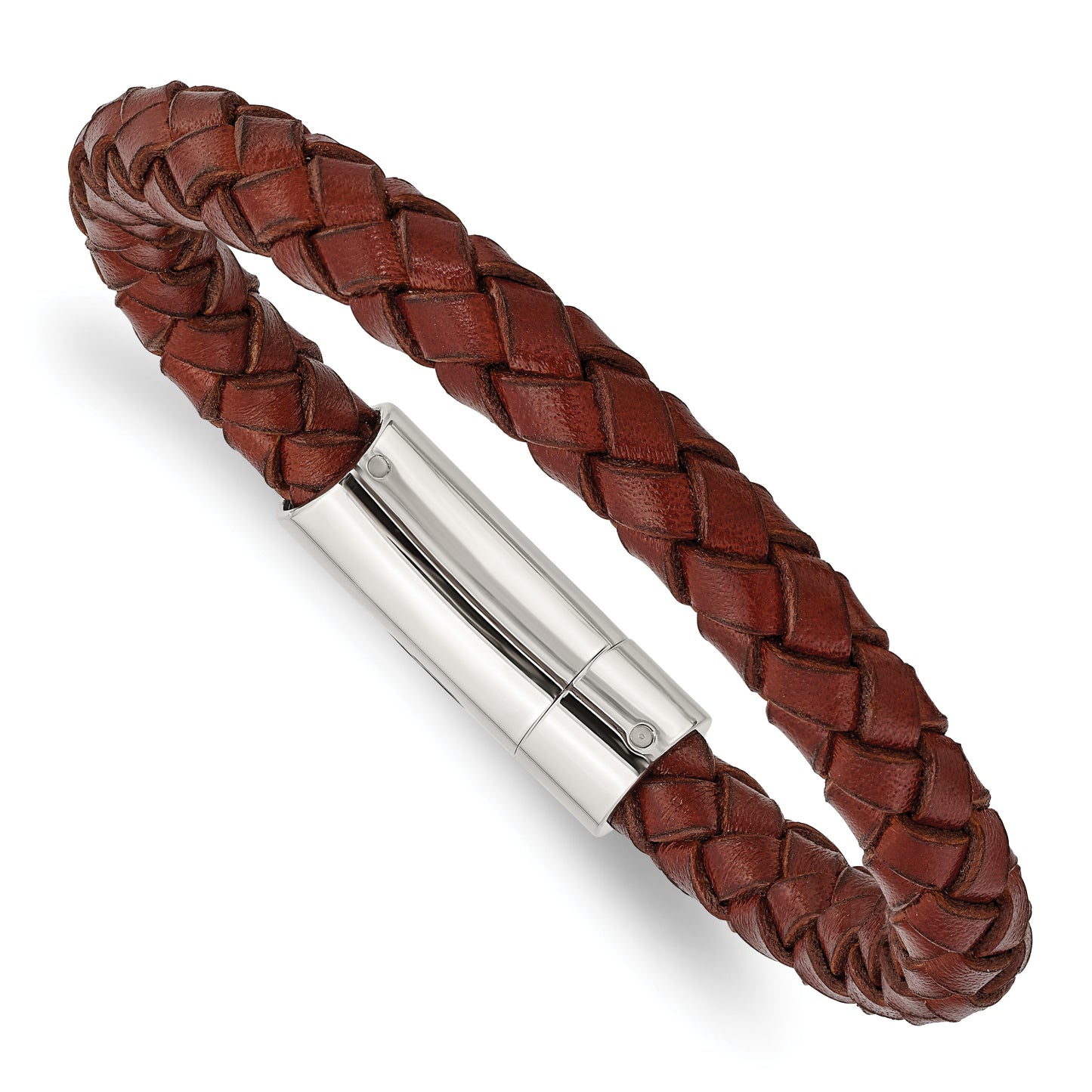 Stainless Steel Chisel Polished Brown Braided Leather 8.5 Inch Bracelet