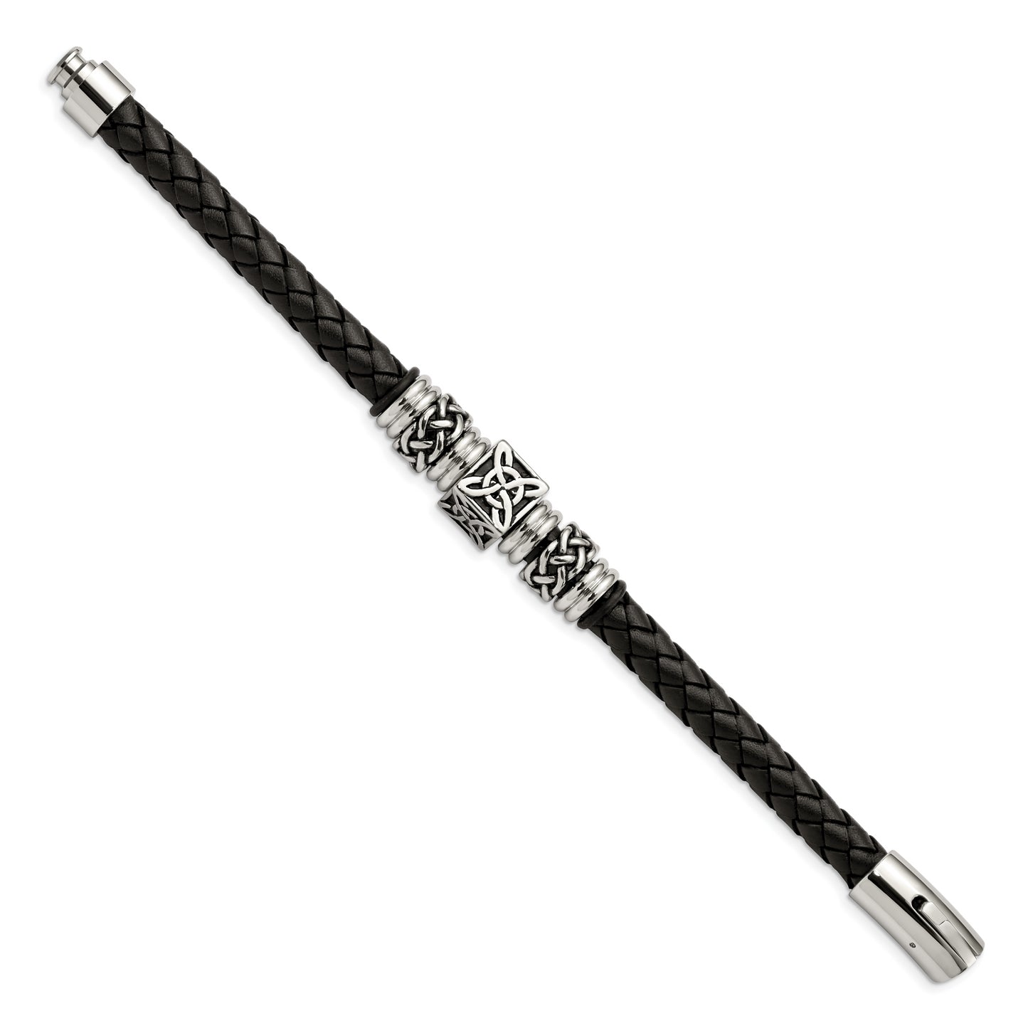 Stainless Steel Chisel Antiqued And Polished Black Braided Leather 8.5 Inch Bracelet