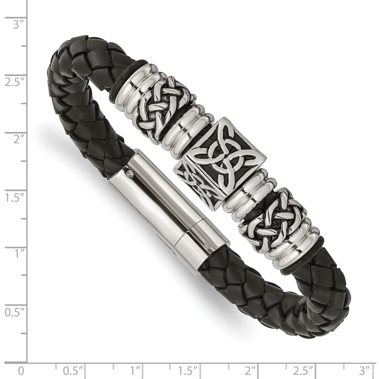 Stainless Steel Chisel Antiqued And Polished Black Braided Leather 8.5 Inch Bracelet