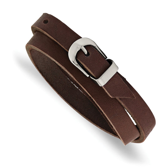 Stainless Steel Chisel Polished Brown Leather 8.5 Inch Adjustable Wrap Bracelet