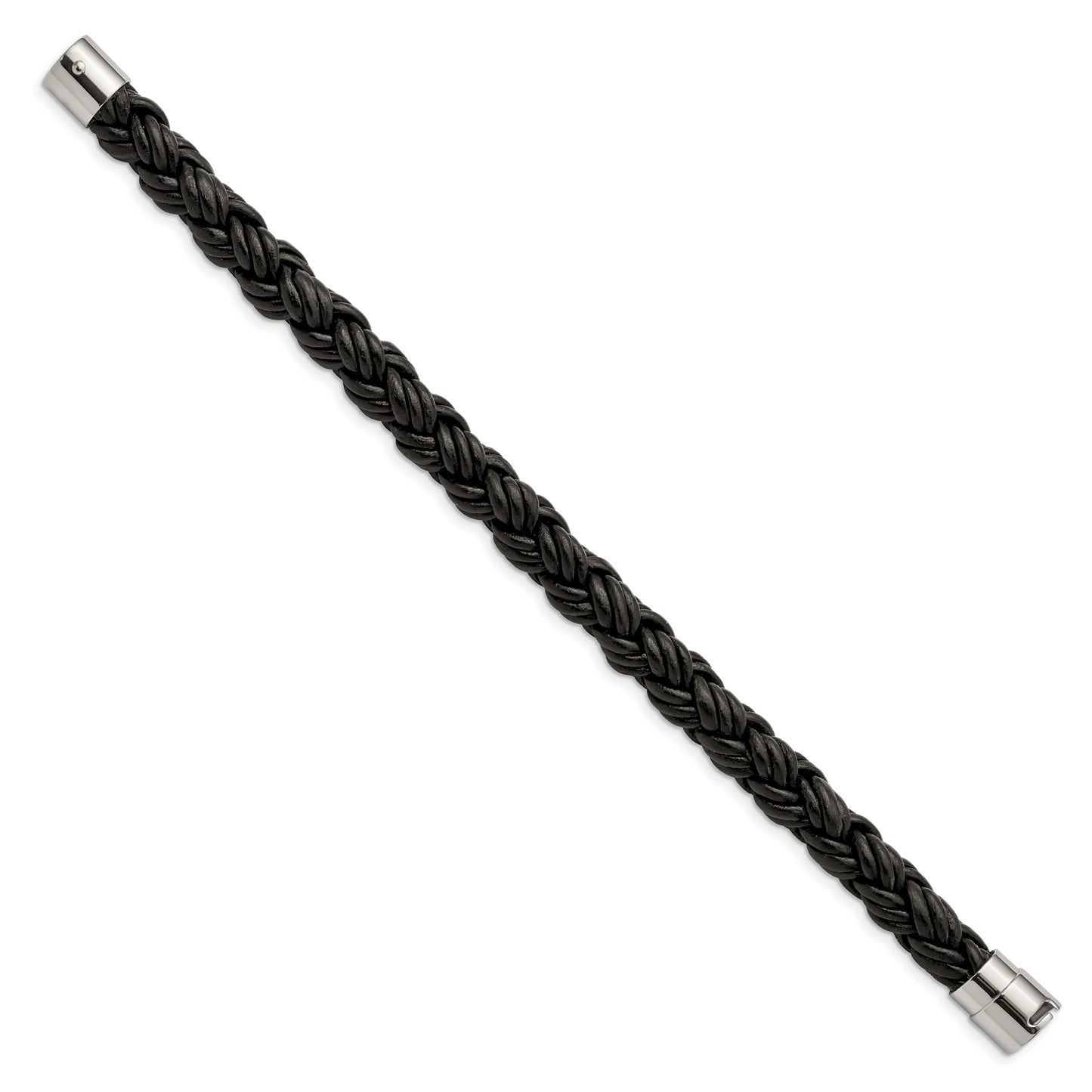 Stainless Steel Chisel Polished Twisted Black Braided Leather 8.5 Inch Bracelet