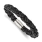 Stainless Steel Chisel Polished Twisted Black Braided Leather 8.5 Inch Bracelet