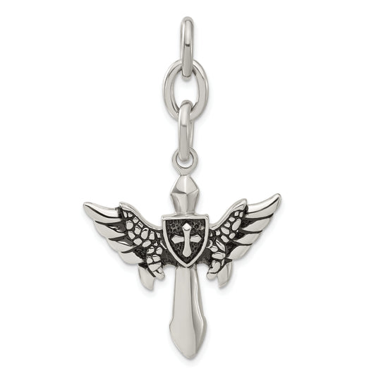 Stainless Steel Antiqued Wings W/ Cross Interchangeable Charm Pendant