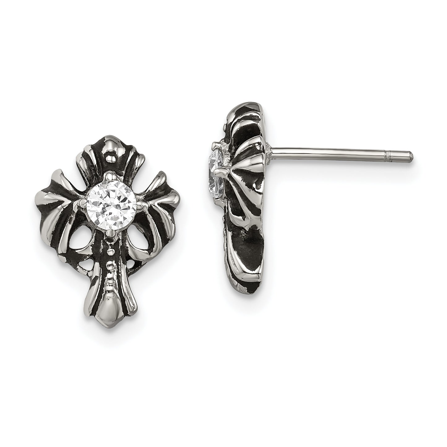 Stainless Steel Chisel Antiqued And Polished With Cz Cross Post Earrings