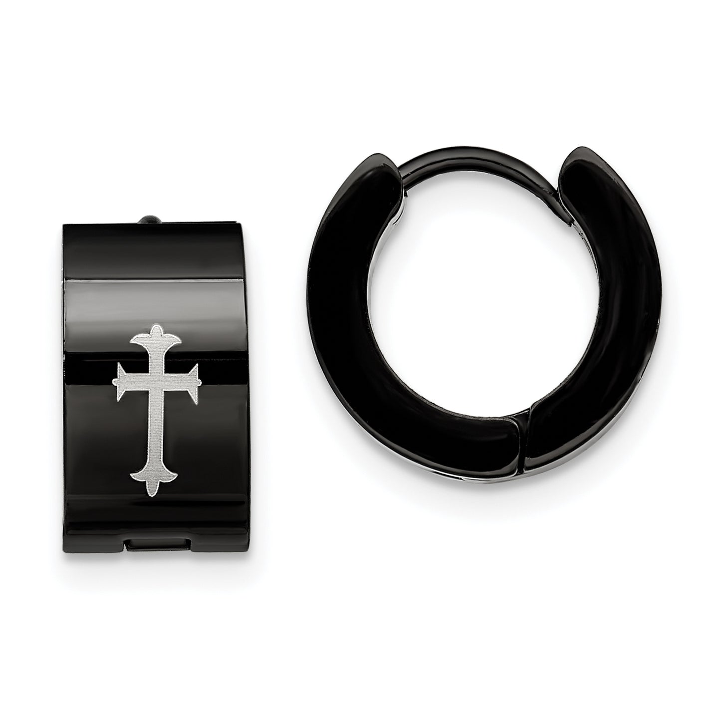 Stainless Steel Chisel Black Ip-Plated 7mm Hinged Hoop With Cross Earrings