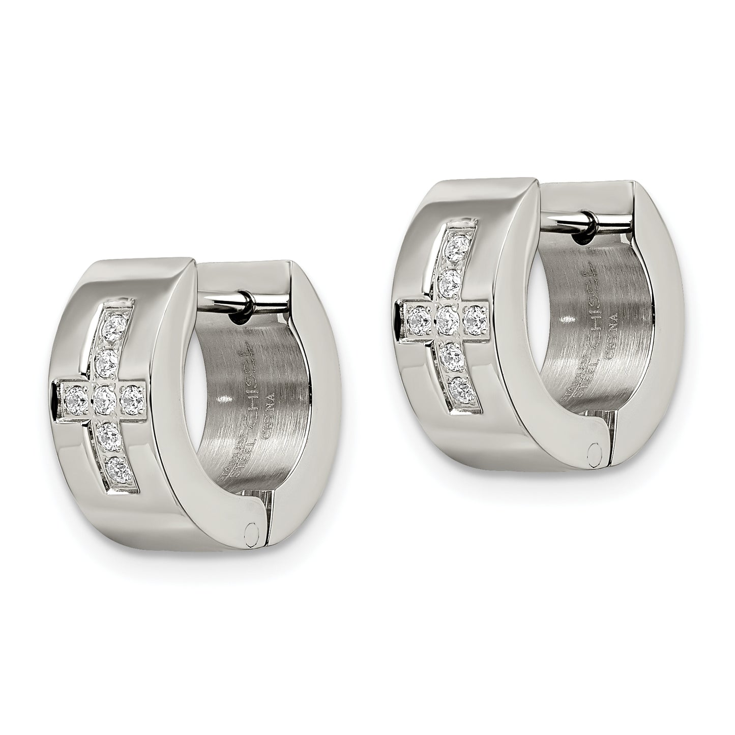 Stainless Steel Chisel Brushed And Polished With Cz Cross 6mm Hinged Hoop Earrings